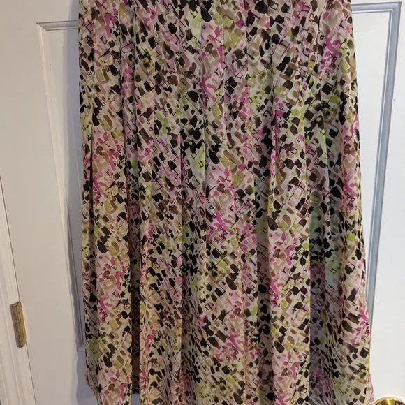 Liz Claiborne Petite Green, Pink & Brown Watercolor Pleated A-Line Skirt sz 8P - Picture 4 of 6